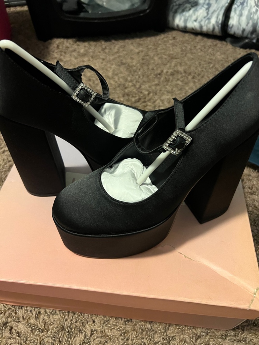 Black Satin Platform Mary Jane Heels with Rhinestone Buckle